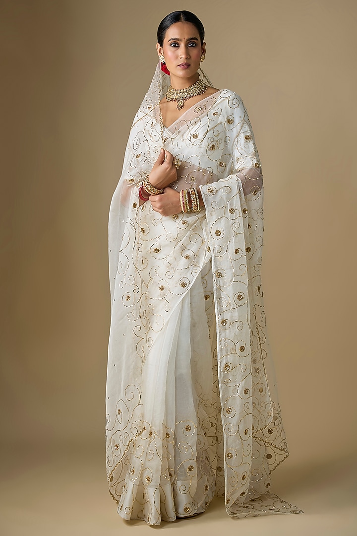 Ivory Pure Silk Organza Pitta Hand Embroidered Wedding Saree Set by Ranbir Mukherjee at Pernia's Pop Up Shop