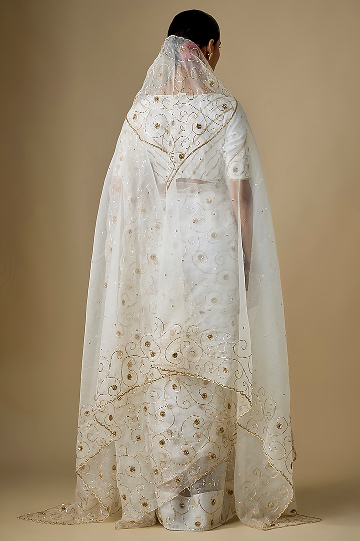 Ivory Pure Silk Organza Pitta Hand Embroidered Wedding Saree Set by Ranbir Mukherjee at Pernia's Pop Up Shop