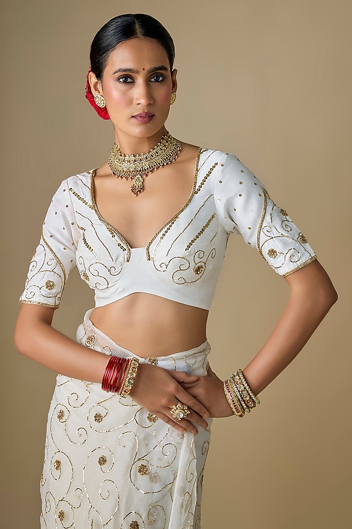 Ivory Pure Silk Organza Pitta Hand Embroidered Wedding Saree Set by Ranbir Mukherjee at Pernia's Pop Up Shop