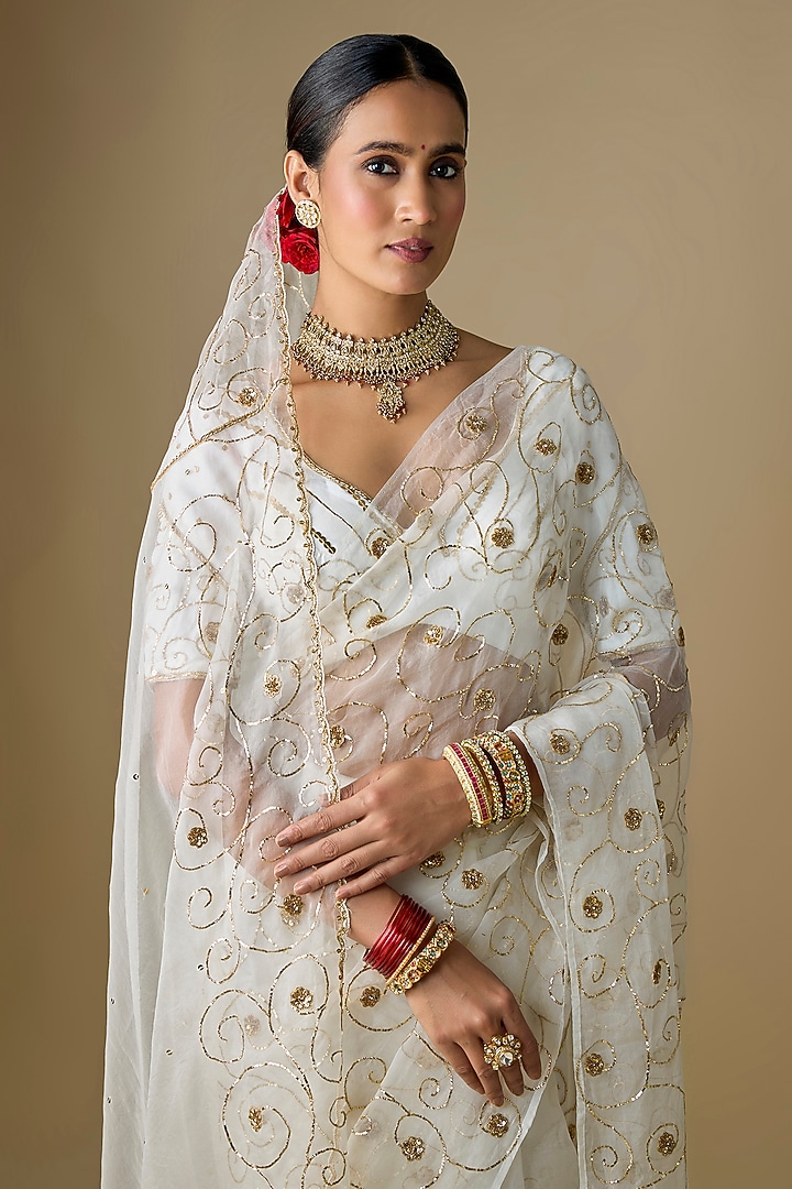 Ivory Pure Silk Organza Pitta Hand Embroidered Wedding Saree Set by Ranbir Mukherjee at Pernia's Pop Up Shop