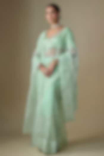 Sea Green Pure Silk Organza Tikki Hand Embroidered Wedding Saree Set by Ranbir Mukherjee at Pernia's Pop Up Shop