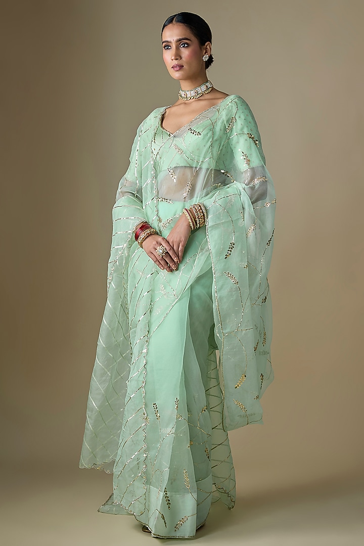 Sea Green Pure Silk Organza Tikki Hand Embroidered Wedding Saree Set by Ranbir Mukherjee at Pernia's Pop Up Shop