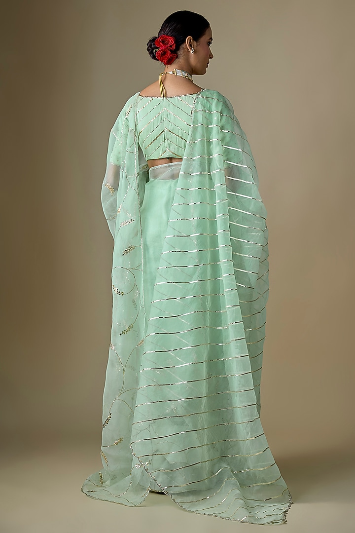 Sea Green Pure Silk Organza Tikki Hand Embroidered Wedding Saree Set by Ranbir Mukherjee at Pernia's Pop Up Shop