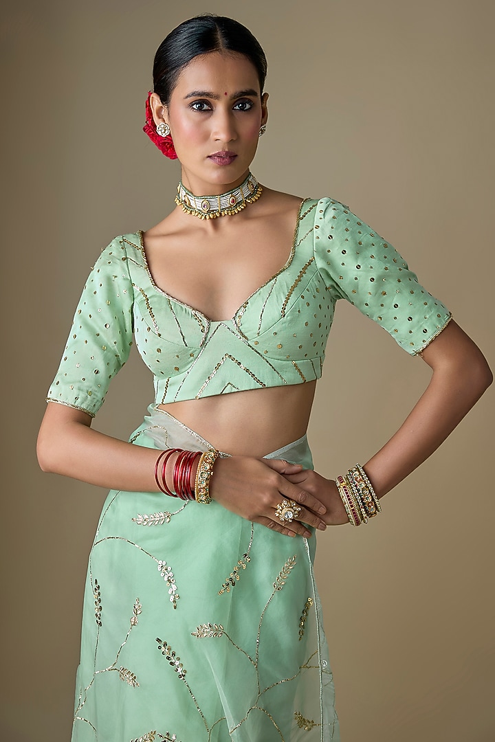 Sea Green Pure Silk Organza Tikki Hand Embroidered Wedding Saree Set by Ranbir Mukherjee at Pernia's Pop Up Shop