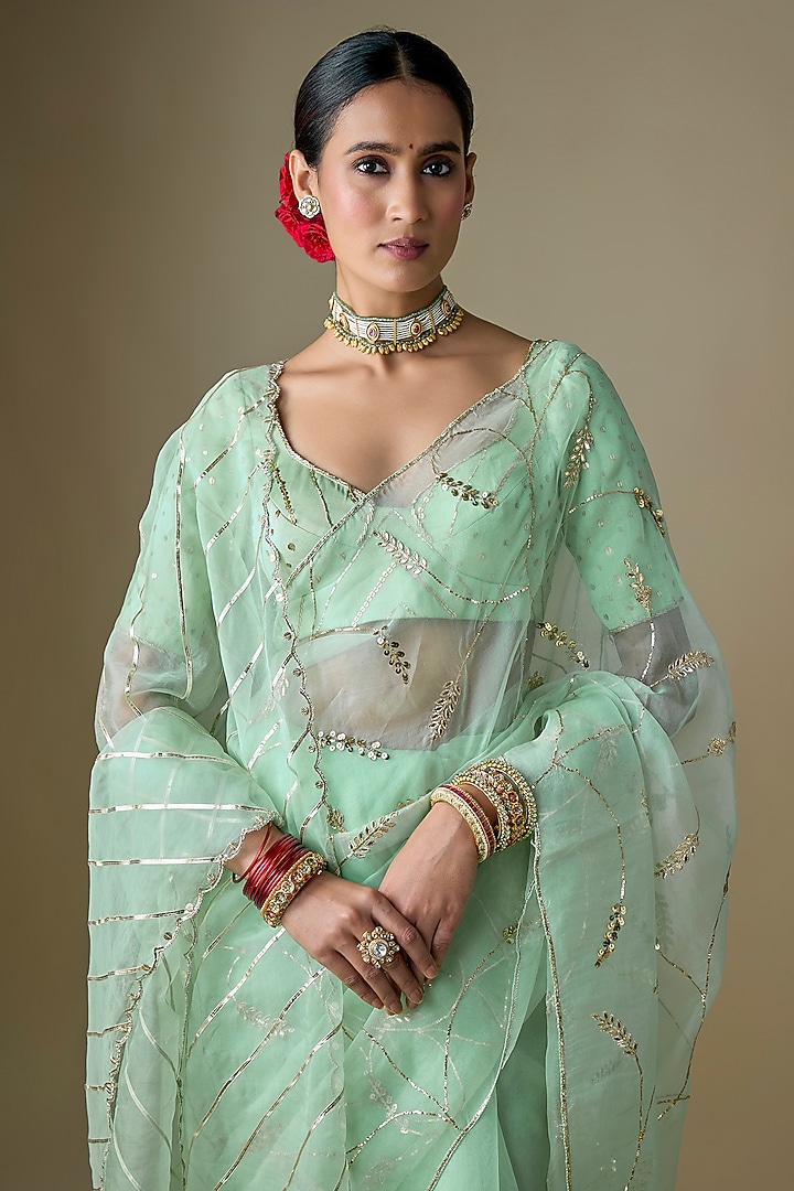 Sea Green Pure Silk Organza Tikki Hand Embroidered Wedding Saree Set by Ranbir Mukherjee at Pernia's Pop Up Shop