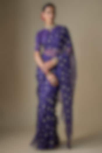 Violet Pure Silk Organza Boota Hand Embroidered Wedding Saree Set by Ranbir Mukherjee at Pernia's Pop Up Shop
