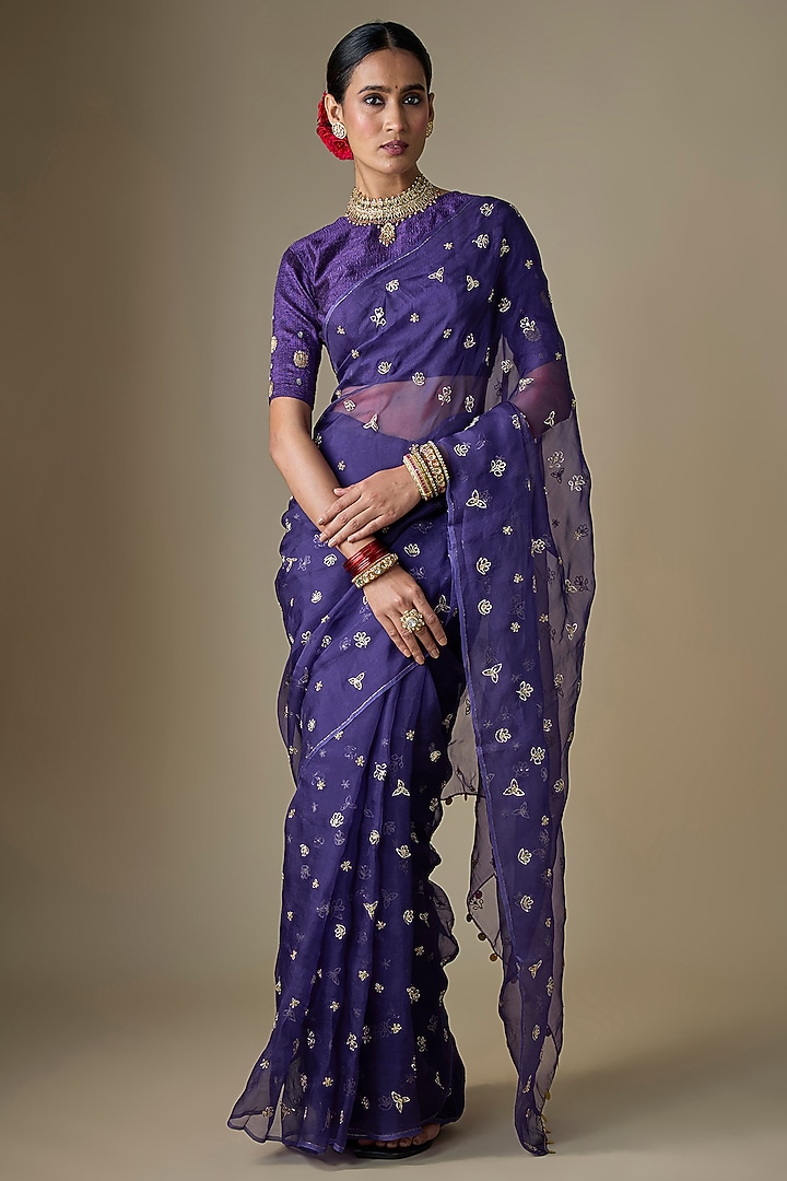 Violet Pure Silk Organza Boota Hand Embroidered Wedding Saree Set by Ranbir Mukherjee at Pernia's Pop Up Shop