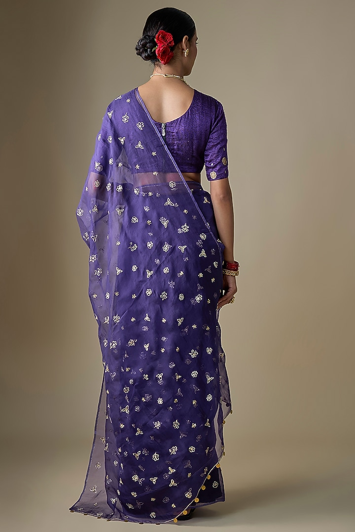 Violet Pure Silk Organza Boota Hand Embroidered Wedding Saree Set by Ranbir Mukherjee at Pernia's Pop Up Shop