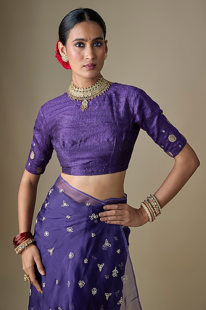Violet Pure Silk Organza Boota Hand Embroidered Wedding Saree Set by Ranbir Mukherjee at Pernia's Pop Up Shop