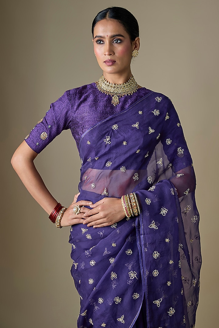 Violet Pure Silk Organza Boota Hand Embroidered Wedding Saree Set by Ranbir Mukherjee at Pernia's Pop Up Shop
