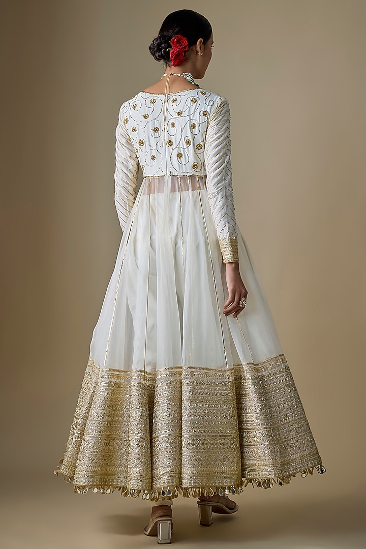 White Pure Silk Organza Pitta Hand Embroidered Wedding Anarkali Set by Ranbir Mukherjee at Pernia's Pop Up Shop
