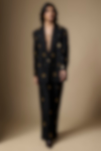 Black Suiting Tikki Hand Embroidered Blazer Set by Ranbir Mukherjee at Pernia's Pop Up Shop