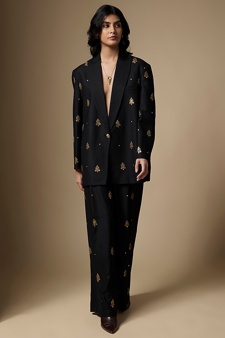 Black Suiting Tikki Hand Embroidered Blazer Set by Ranbir Mukherjee at Pernia's Pop Up Shop