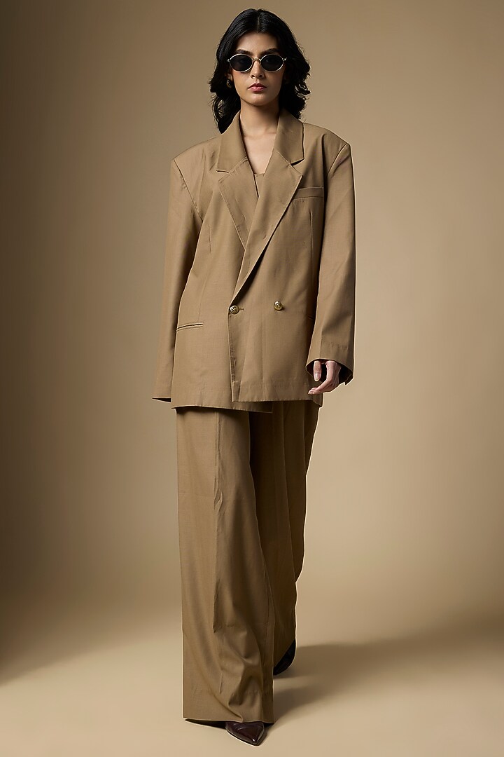 Beige Suiting Oversized Blazer Set by Ranbir Mukherjee at Pernia's Pop Up Shop