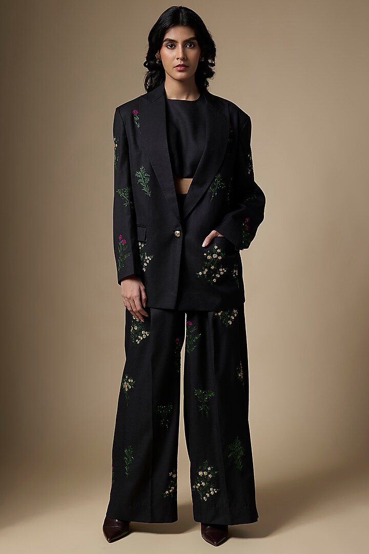 Black Suiting Hand Embroidered Blazer Set by Ranbir Mukherjee at Pernia's Pop Up Shop