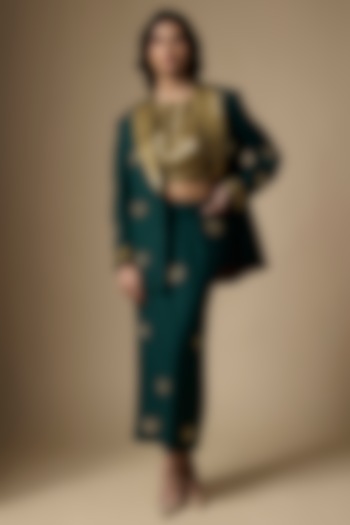 Green Suiting Tikki Hand Embroidered Blazer Set by Ranbir Mukherjee at Pernia's Pop Up Shop