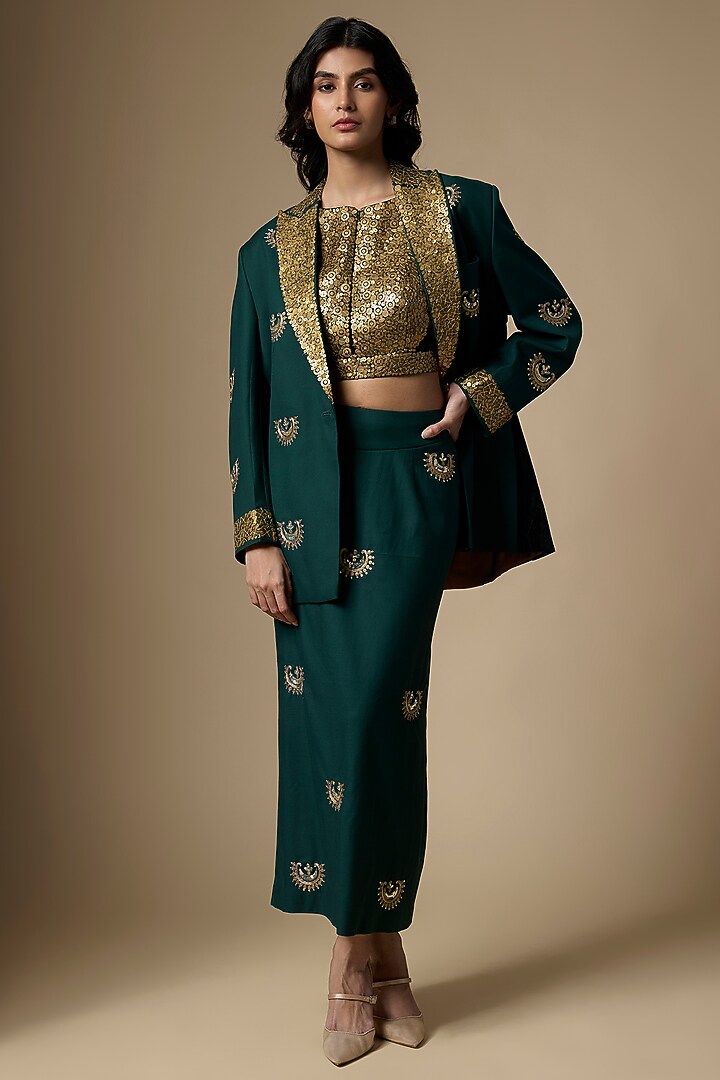 Green Suiting Tikki Hand Embroidered Blazer Set by Ranbir Mukherjee at Pernia's Pop Up Shop