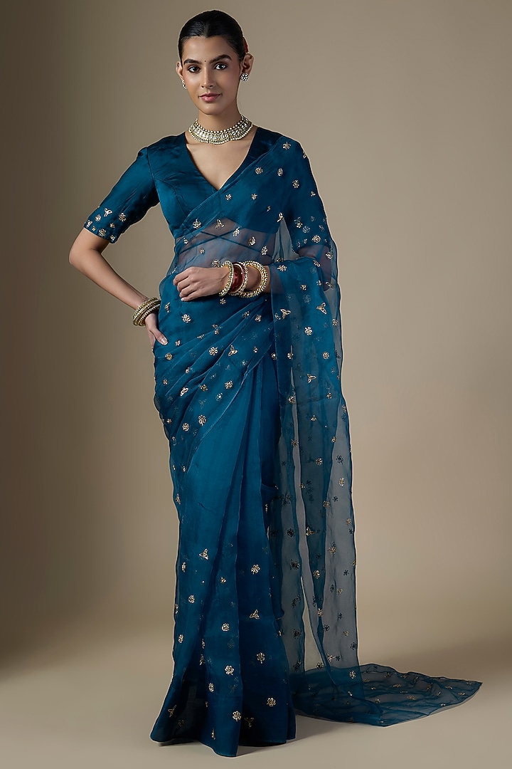 Peacock Blue Pure Silk Organza Hand Embroidered Party Wear Saree Set by Ranbir Mukherjee at Pernia's Pop Up Shop