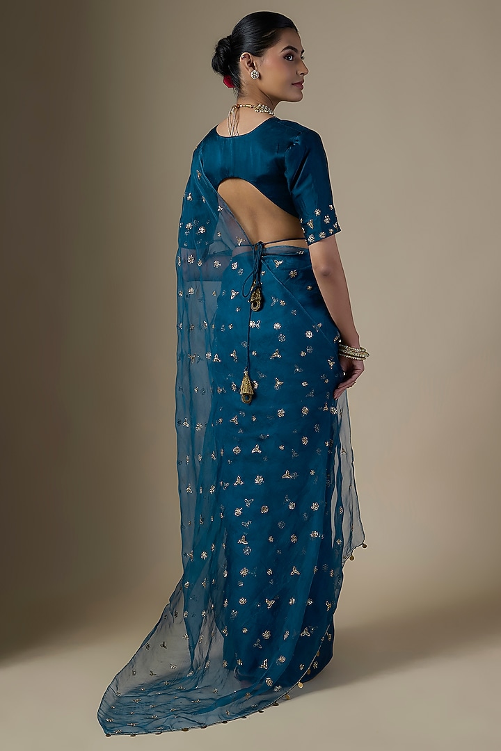 Peacock Blue Pure Silk Organza Hand Embroidered Party Wear Saree Set by Ranbir Mukherjee at Pernia's Pop Up Shop
