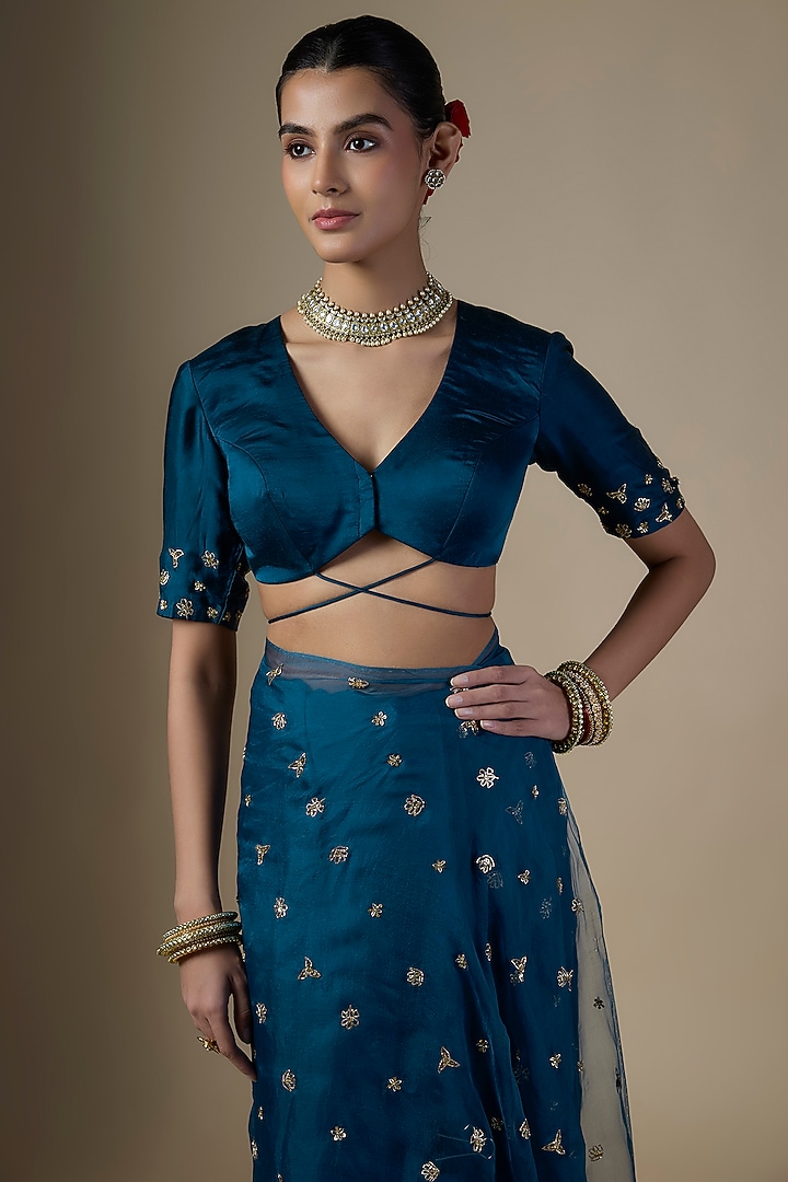 Peacock Blue Pure Silk Organza Hand Embroidered Party Wear Saree Set by Ranbir Mukherjee at Pernia's Pop Up Shop