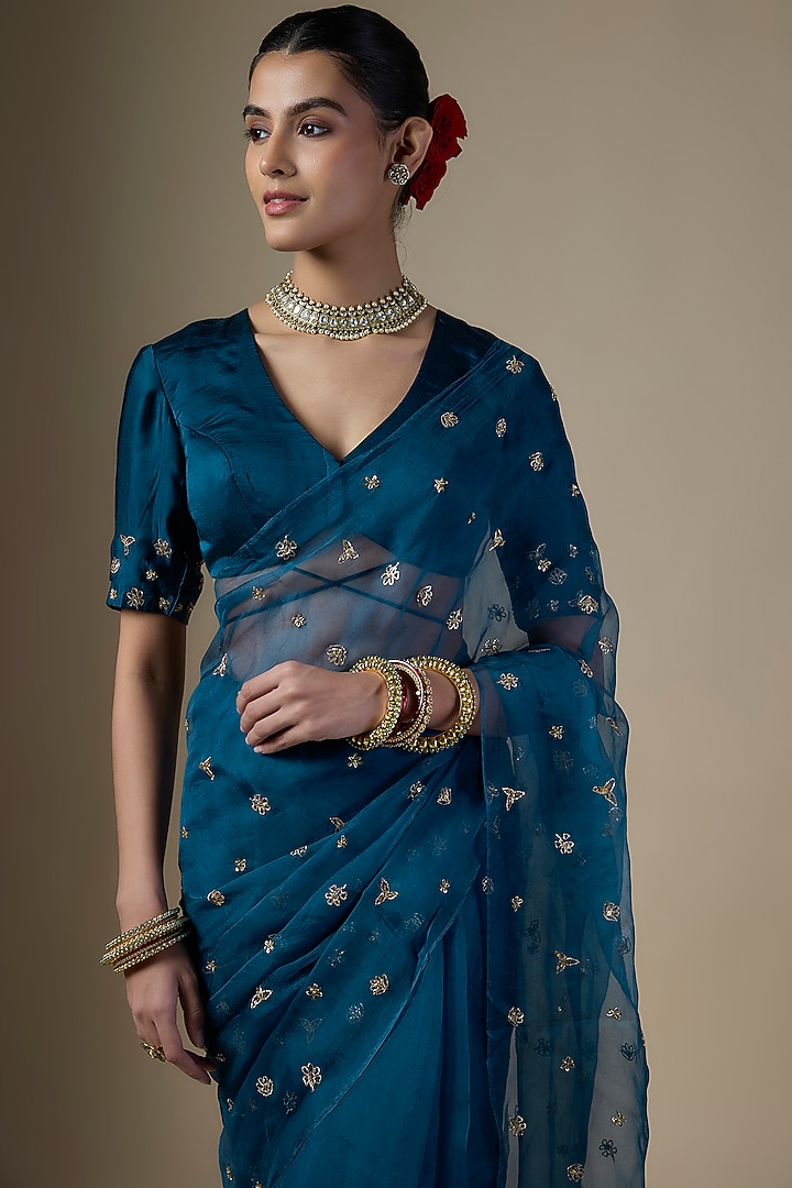 Peacock Blue Pure Silk Organza Hand Embroidered Party Wear Saree Set by Ranbir Mukherjee at Pernia's Pop Up Shop