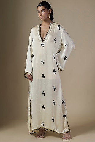 White & Blue Pure Satin Silk Printed Kaftan by Ranbir Mukherjee
