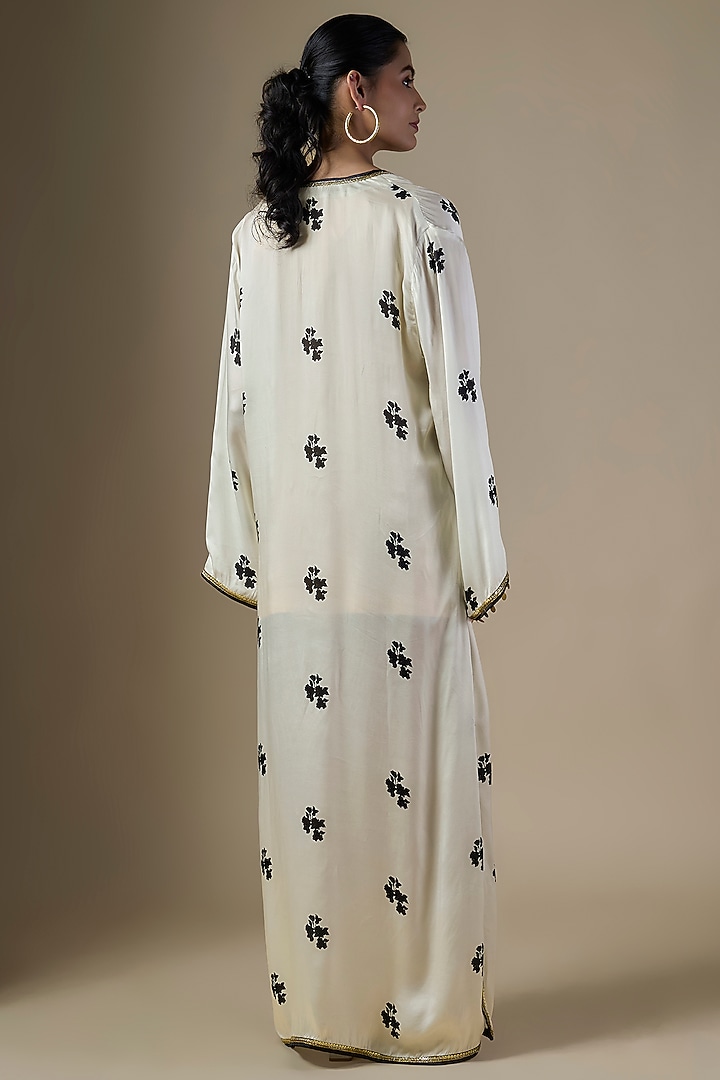 White & Blue Pure Satin Silk Printed Kaftan by Ranbir Mukherjee at Pernia's Pop Up Shop
