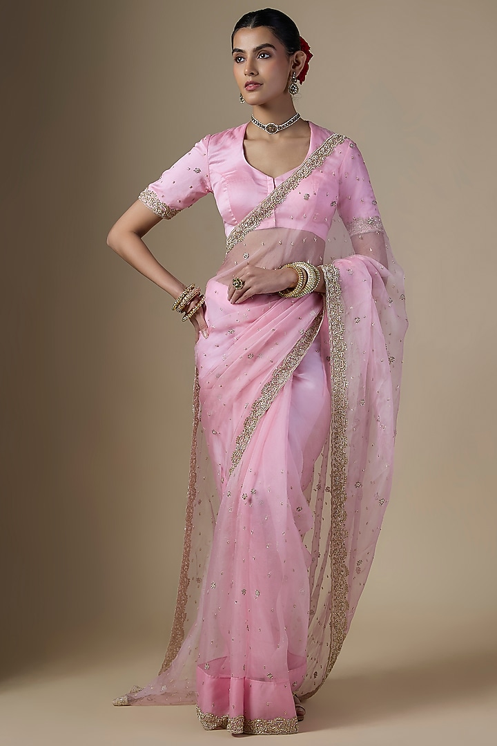 Light Rose Pink Pure Silk Organza Hand Embroidered Wedding Saree Set by Ranbir Mukherjee at Pernia's Pop Up Shop