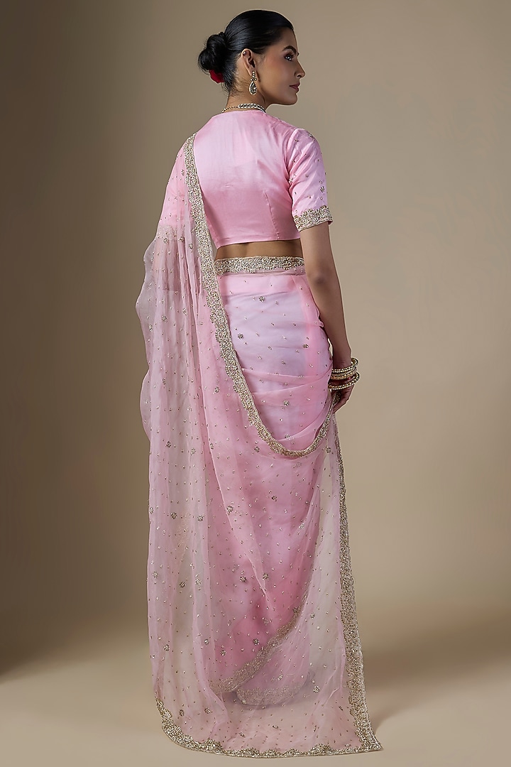 Light Rose Pink Pure Silk Organza Hand Embroidered Wedding Saree Set by Ranbir Mukherjee at Pernia's Pop Up Shop