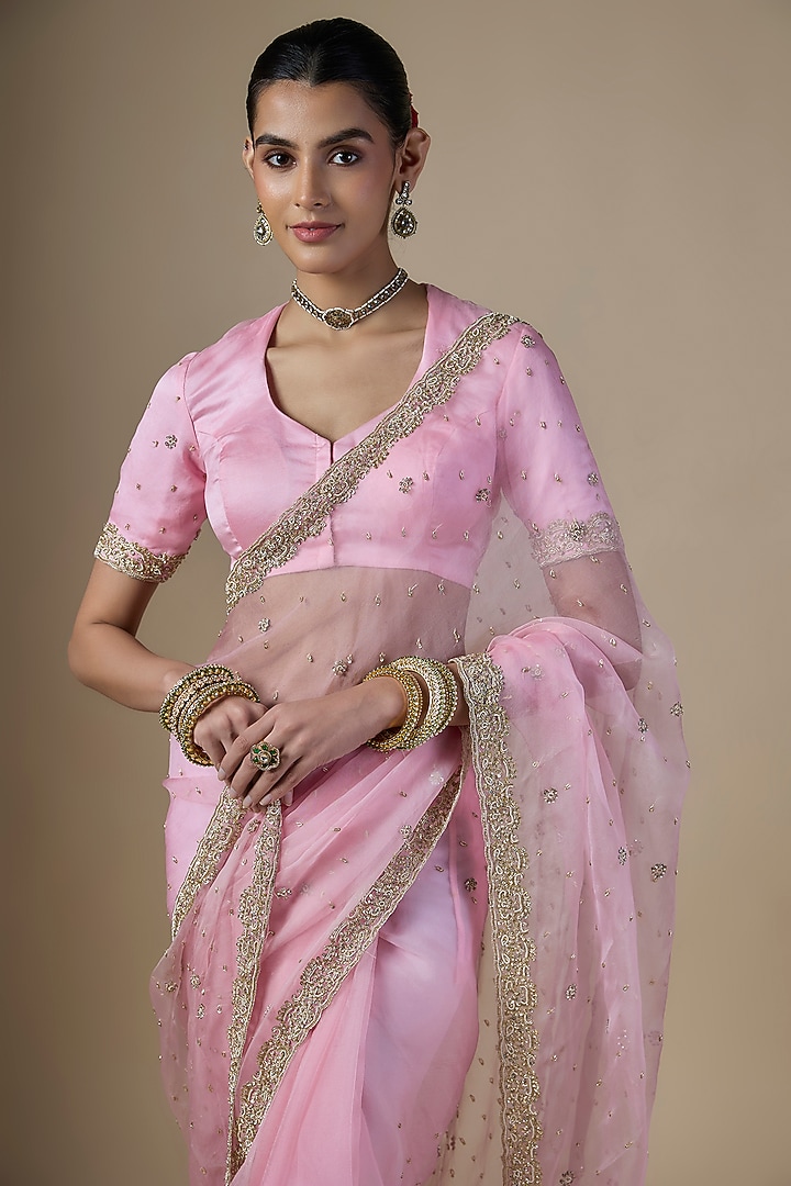 Light Rose Pink Pure Silk Organza Hand Embroidered Wedding Saree Set by Ranbir Mukherjee at Pernia's Pop Up Shop