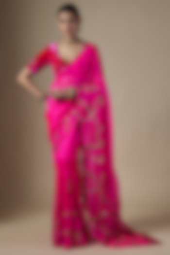 Hot Pink Pure Silk Organza Hand Embroidered Wedding Saree Set by Ranbir Mukherjee at Pernia's Pop Up Shop