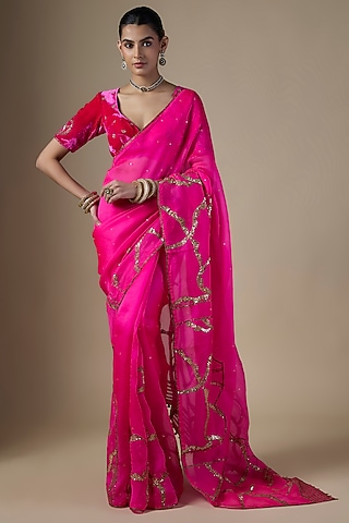 Hot Pink Pure Silk Organza Hand Embroidered Saree Set by Ranbir Mukherjee