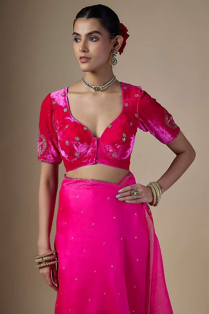 Hot Pink Pure Silk Organza Hand Embroidered Wedding Saree Set by Ranbir Mukherjee at Pernia's Pop Up Shop