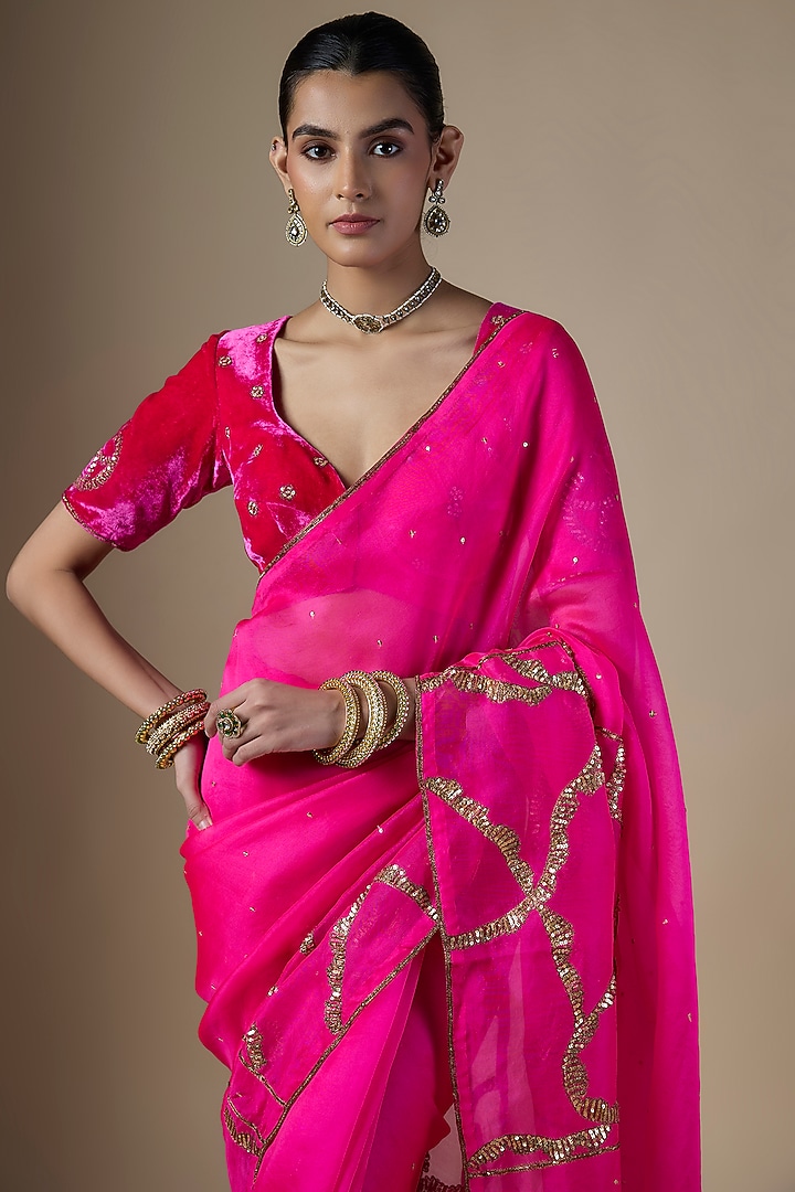 Hot Pink Pure Silk Organza Hand Embroidered Wedding Saree Set by Ranbir Mukherjee at Pernia's Pop Up Shop