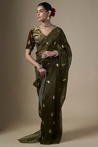 Mehendi Green Pure Silk Organza Hand Embroidered Saree Set by Ranbir Mukherjee