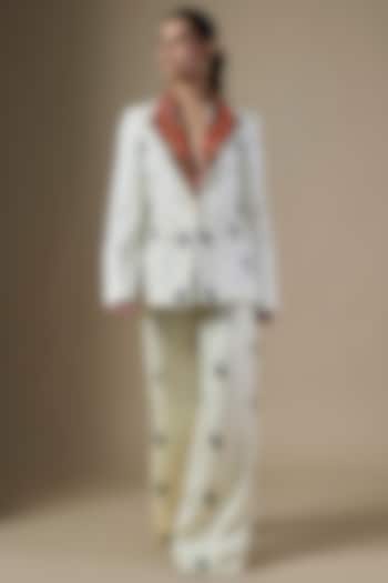 Black & White Pure Satin Silk Embroidered & Printed Blazer Set by Ranbir Mukherjee at Pernia's Pop Up Shop