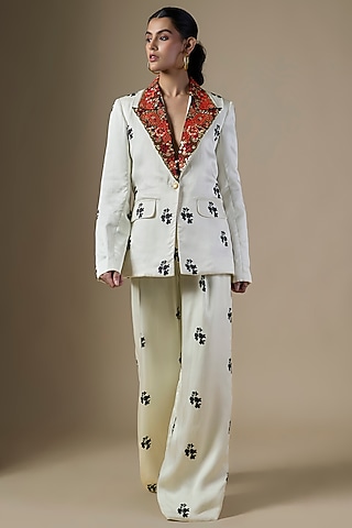 White Pure Satin Silk Mogra Printed Blazer Set by Ranbir Mukherjee