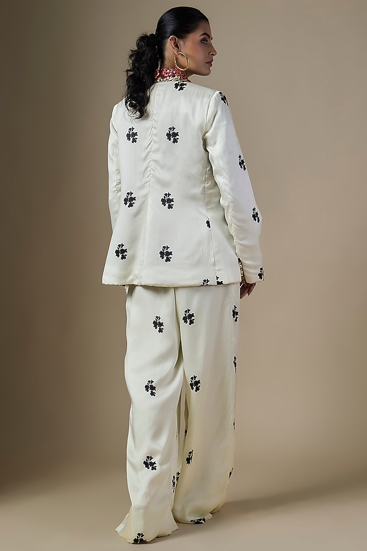 White Pure Satin Silk Mogra Printed Blazer Set by Ranbir Mukherjee at Pernia's Pop Up Shop