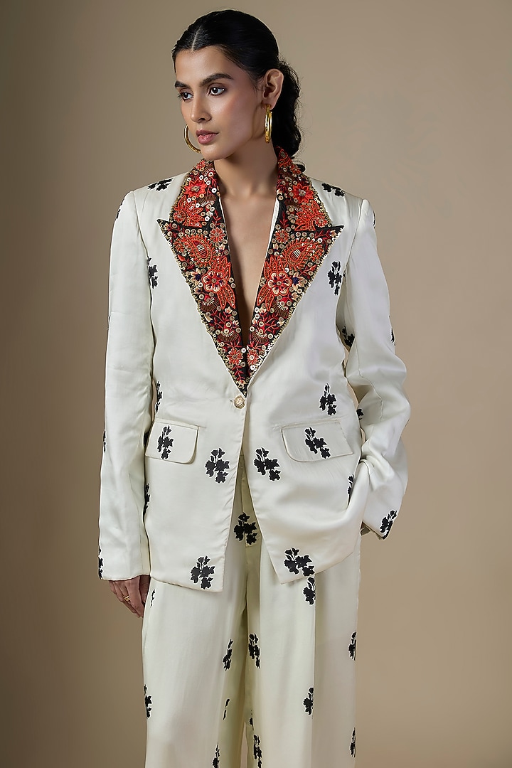White Pure Satin Silk Mogra Printed Blazer Set by Ranbir Mukherjee at Pernia's Pop Up Shop