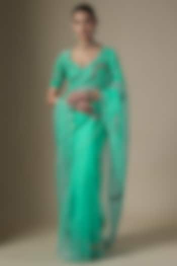 Sky Blue Pure Silk Organza Hand Embroidered Party Wear Saree Set by Ranbir Mukherjee at Pernia's Pop Up Shop