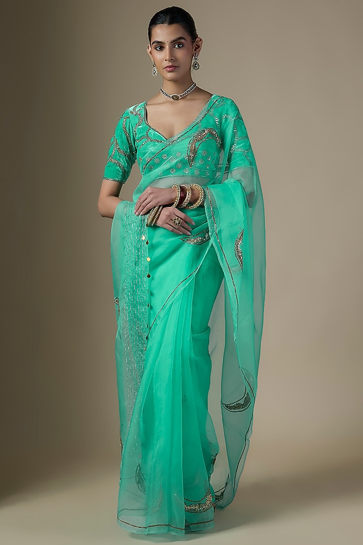 Sky Blue Pure Silk Organza Hand Embroidered Party Wear Saree Set by Ranbir Mukherjee at Pernia's Pop Up Shop
