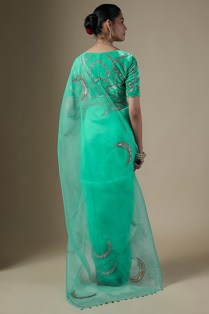 Sea Green Pure Silk Organza Hand Embroidered Party Wear Saree Set by Ranbir Mukherjee at Pernia's Pop Up Shop