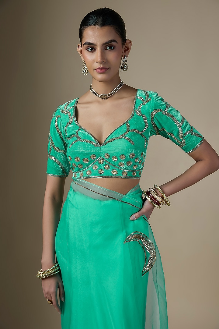 Sea Green Pure Silk Organza Hand Embroidered Party Wear Saree Set by Ranbir Mukherjee at Pernia's Pop Up Shop
