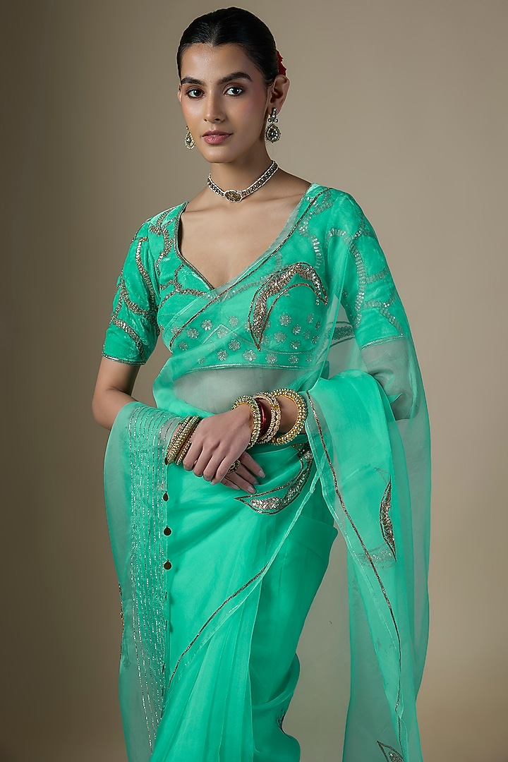 Sea Green Pure Silk Organza Hand Embroidered Party Wear Saree Set by Ranbir Mukherjee at Pernia's Pop Up Shop