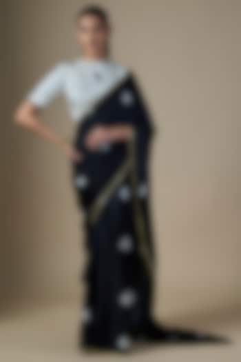 Black Pure Silk Organza Hand Embroidered Party Wear Saree Set by Ranbir Mukherjee at Pernia's Pop Up Shop
