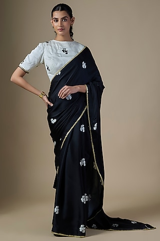 Black Pure Satin Silk Floral Saree Set by Ranbir Mukherjee