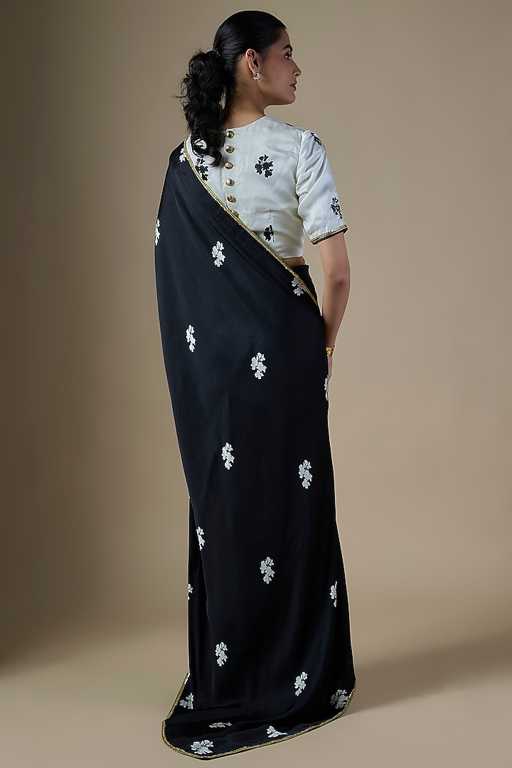 Black Pure Satin Silk Floral Party Wear Saree Set by Ranbir Mukherjee at Pernia's Pop Up Shop