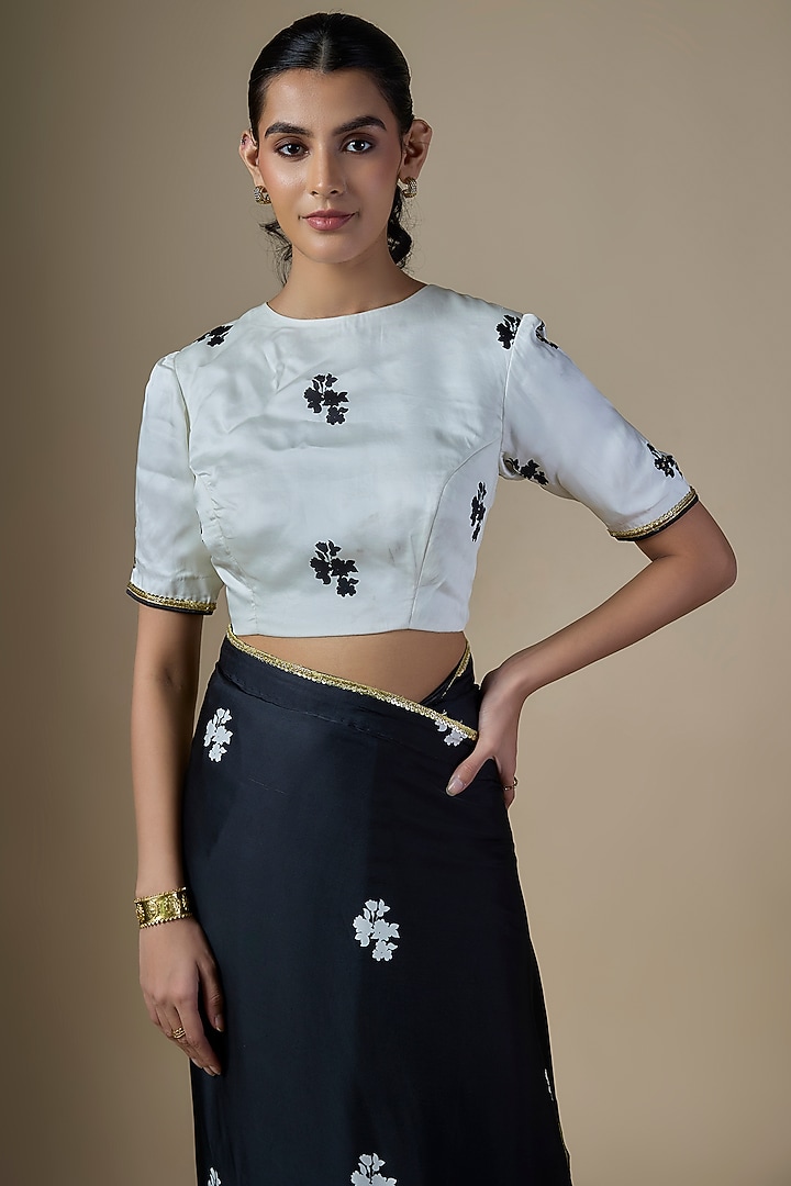 Black Pure Satin Silk Floral Party Wear Saree Set by Ranbir Mukherjee at Pernia's Pop Up Shop