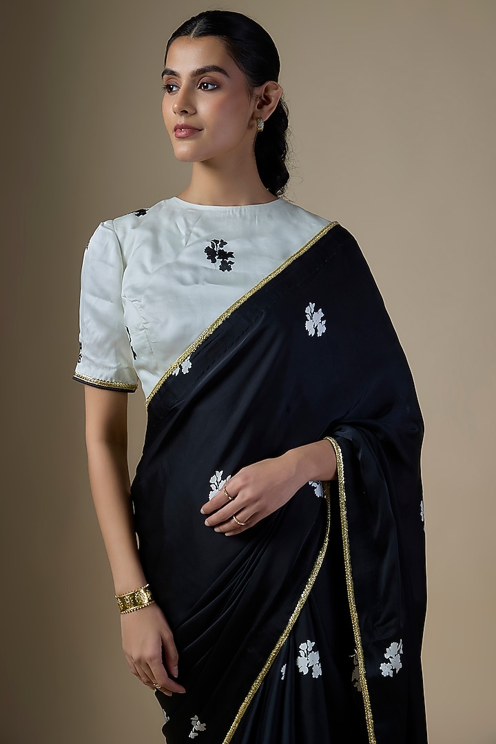 Black Pure Satin Silk Floral Party Wear Saree Set by Ranbir Mukherjee at Pernia's Pop Up Shop