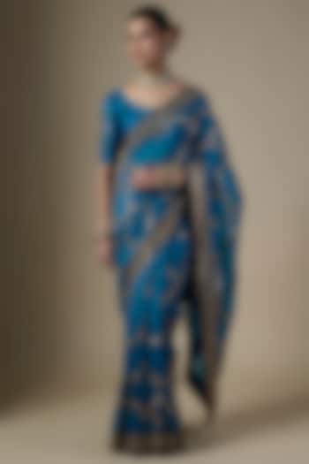 Teal Blue Pure Silk Organza Hand Embroidered Wedding Saree Set by Ranbir Mukherjee at Pernia's Pop Up Shop